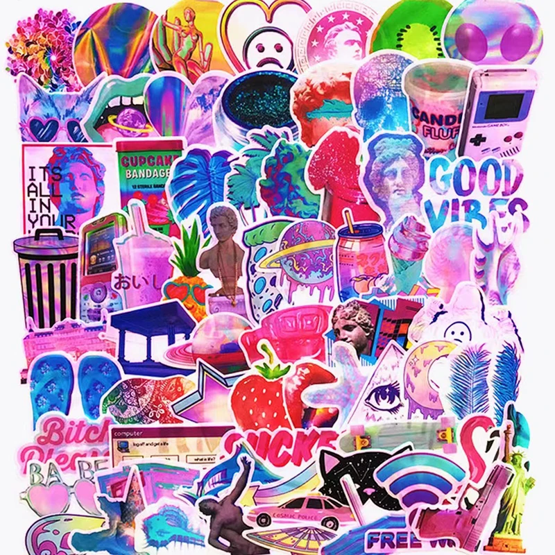 

10/30/70Pcs Pink Aesthetic Laser Sticker Y2K Kawaii DIY Decal For Car Refrigerator Laptop Snowboard Graffiti Sticker Wholesale