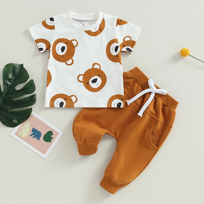 

2023-05-23 Lioraitiin 0-3Years Toddler Baby Boy 2Pcs Summer Outfits Short Sleeve Bear Print Tops Solid Pants Set Clothes