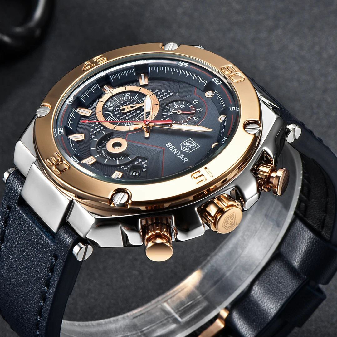 Часы BENYAR Мужские кварцевые с кожаным ремешком спортивные повседневные наручные