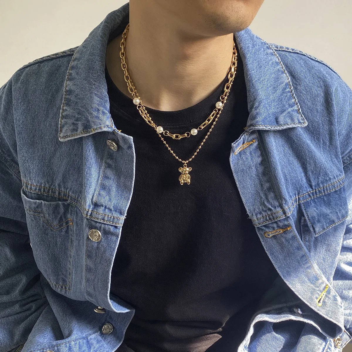 

Metal Bear Pendant Necklace Trendy Simulation Pearl Splicing Double Layered Clavicle Chain Male Charm Fashion Exquisite Jewelry