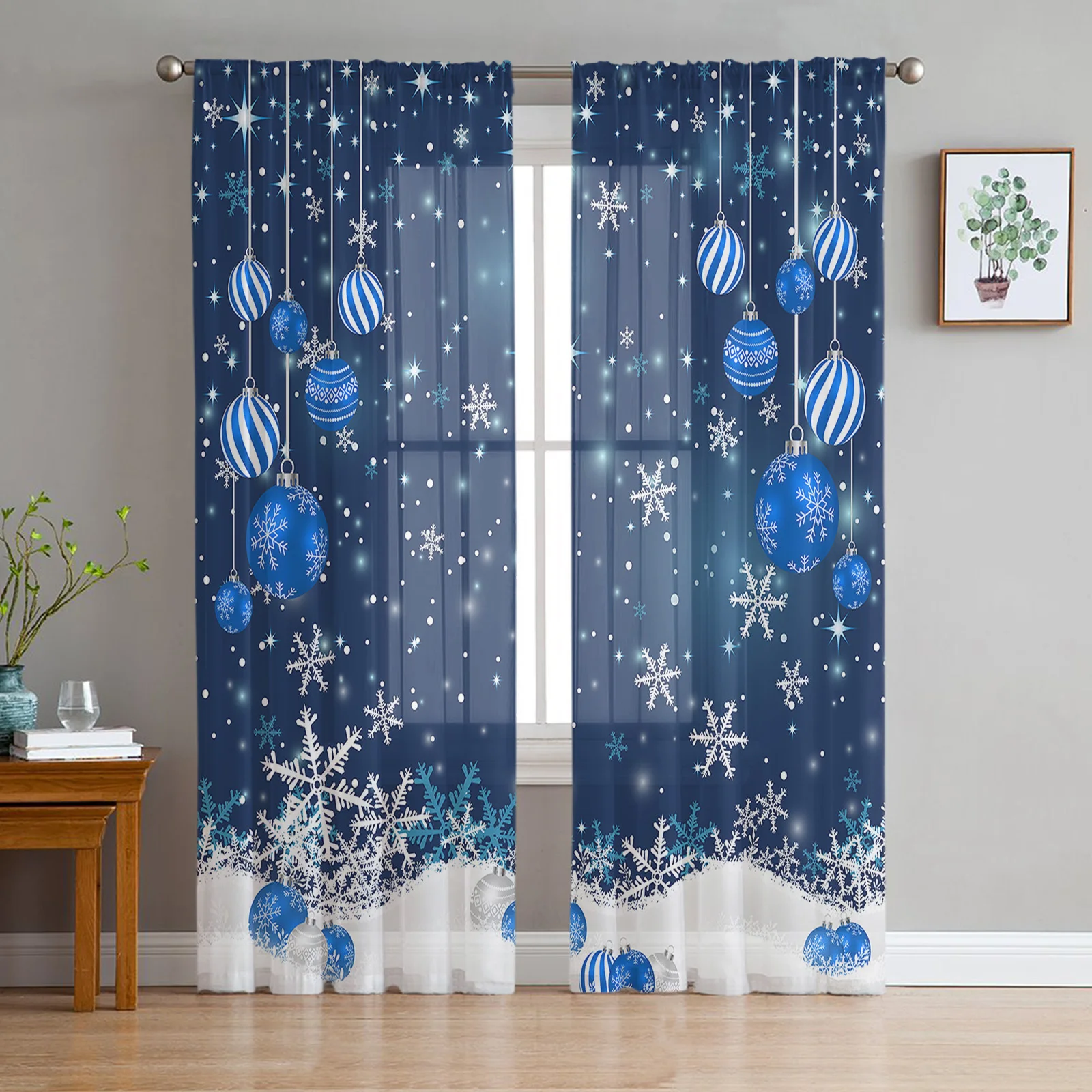 

Рождественские голубые рождественские шарики, снежинки, серые прозрачные шторы, занавески для гостиной, спальни, кухни, декоративные оконные занавески из тюля