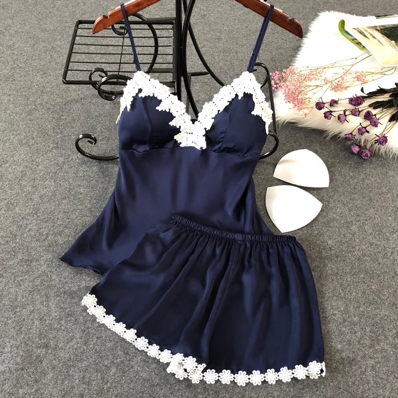 Women's Sleepwear 2 Pcs Sets Tops+Shorts Sexy White Lace Satin Sleeveless V-neck Tight Trendy Pyjama Sets