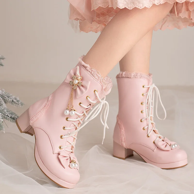 Winter Chunky High Heels Women Ankle Boots Women Black White Pink Lolita Girls Booties Women Pumps Party Wedding Shoes 28-43