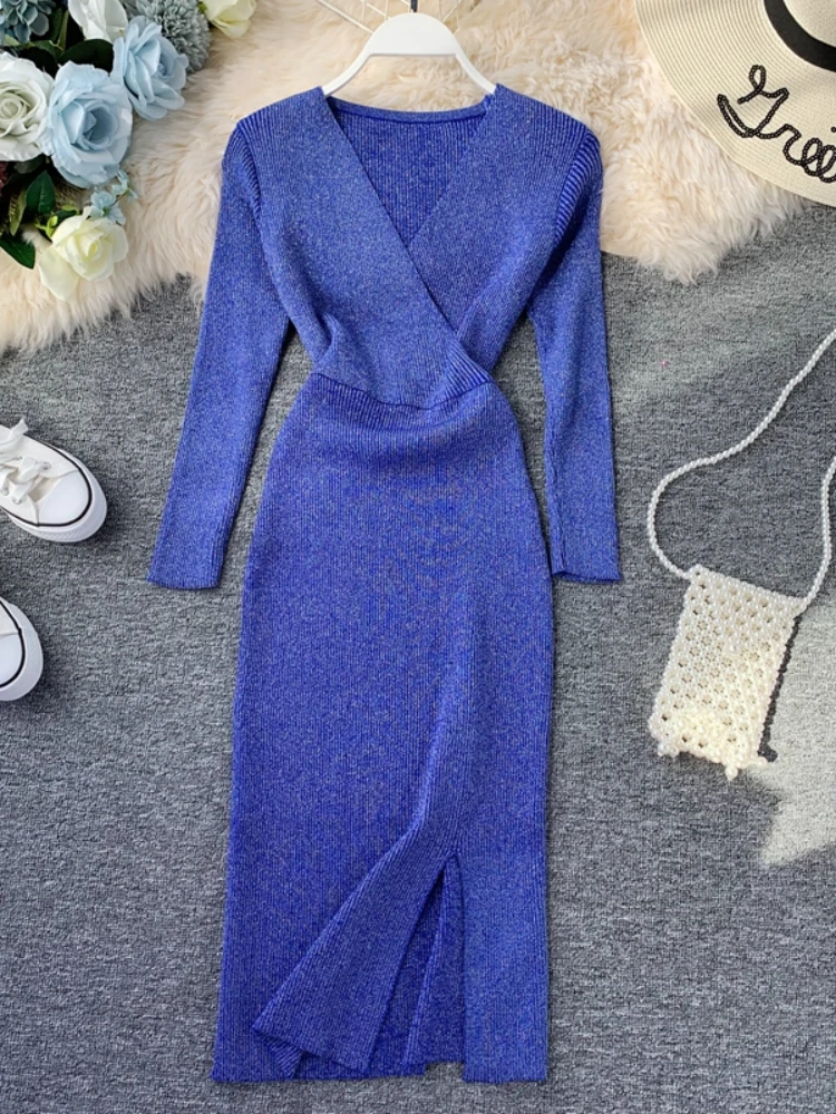 

Nomikuma Dress for Women Autumn Winter Slim Bodycon Split Hem Knitted Vestidos De Mujer Casual Elegante Vintage Women Dress