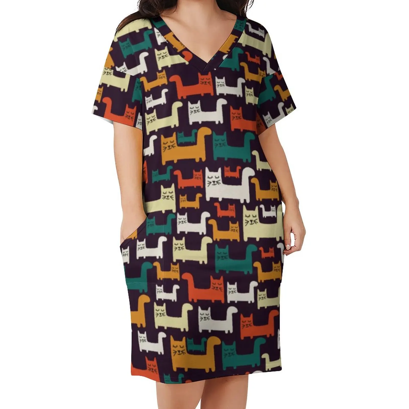 

Colorful Cats Casual Dress Summer Cute Animal Print Retro Dresses Female V Neck Printed Aesthetic Dress Plus Size 5XL