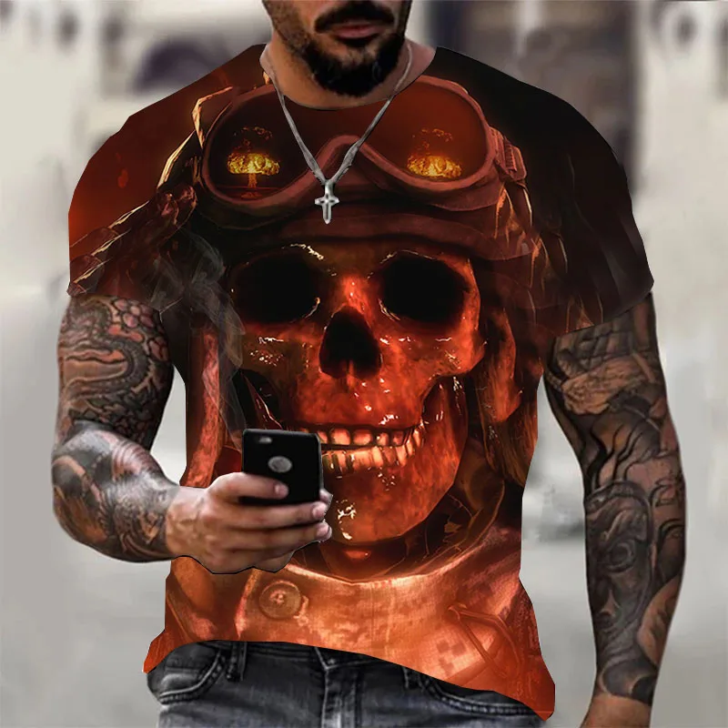 

Summer Casual Short Sleeve Trend Aviator Skull 3D Horror Print t-shirt 2022 Men Women T Shirt O-neck Streetwear top cpe