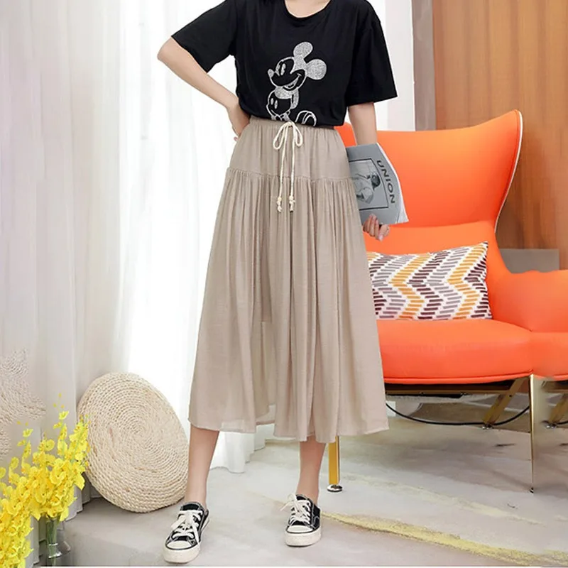 

Женская плиссированная юбка средней длины, разноцветная трапециевидная юбка составного кроя из хлопка и льна с высокой талией и полиэстера, в Корейском стиле