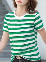 aossviao 2022 summer blue green striped t shirts women o neck tshirts female short sleeve basic fashion cotton tops