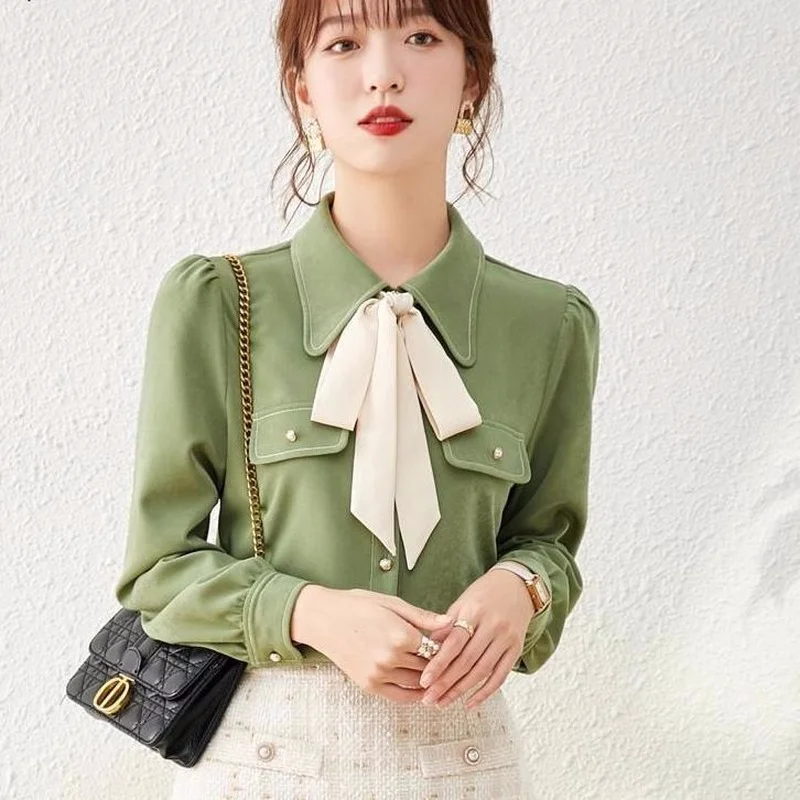 

Женская плавающая блузка с бантом на осень и зиму 2023, модная дизайнерская пикантная маленькая Однотонная рубашка с кукольным воротником для девочек, блузка, одежда