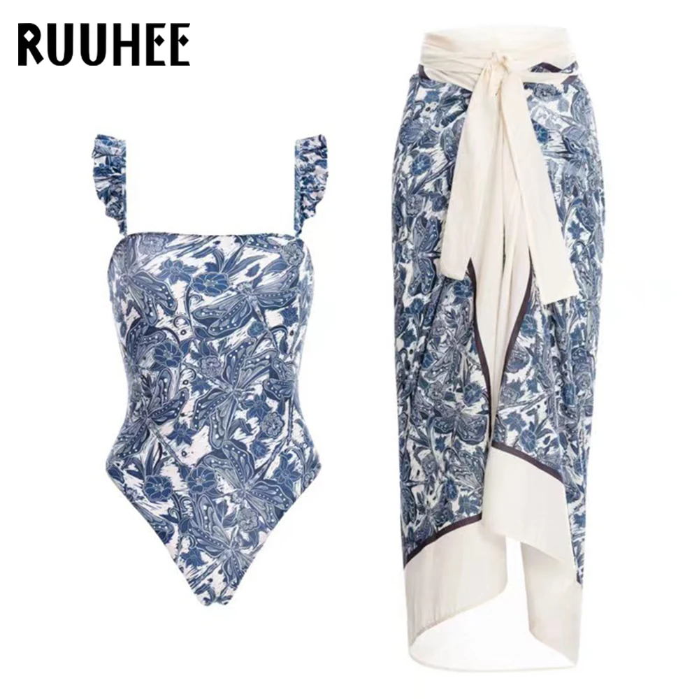 

RUUHEE One Piece Swimsuit and Skirt Brazilian Women Ruffle Flower Printed Swimsuit One Shoulder Swimwear Women Beach Bodysuit