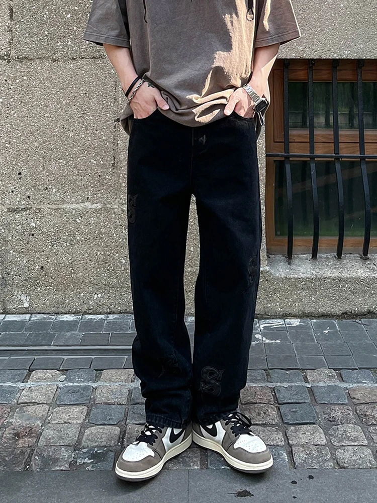 Black Jeans Men Fashion Letter Embroidery Loose Straight Leg Vaqueros Homme Vintage Mid Waist Baggy Comfort Cotton Denim Pants