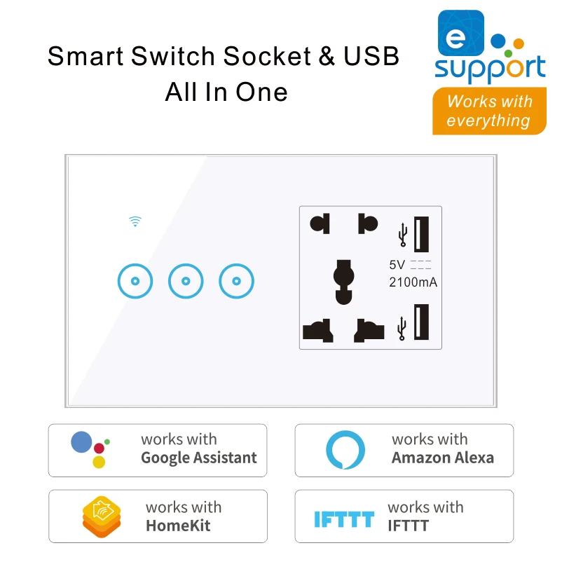 

New EWeLink WiFi Wall Touch Light Switch 5 Holes USB Universal Socket 1 2 3 Gang Support Alexa Google Home IFTTT Voice Control