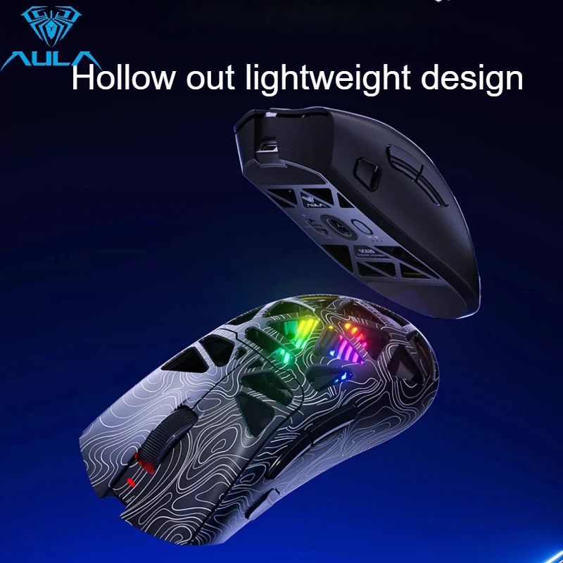 Фото Беспроводная мышь AULA Bluetooth 24G, проводная 3-режимная мышь RGB, полая легкая игровая мышь для киберспорта для настольных компьютеров, ноутбуков №5