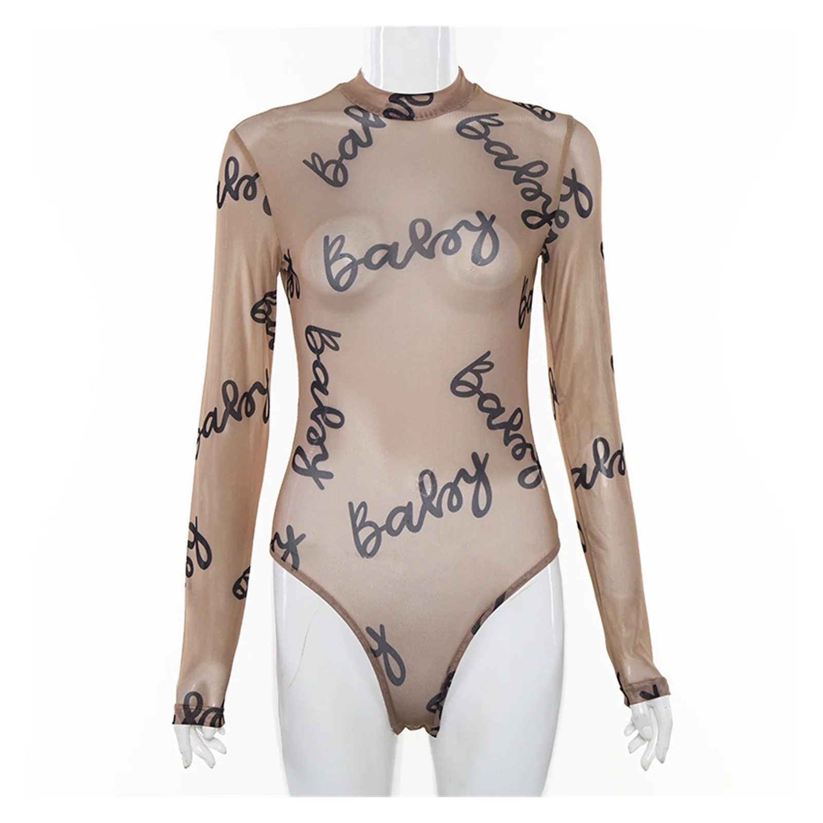 

2022NEW Women's Spring Autumn Mesh Bodysuit Long Sleeve Round Collar Solid Letter Print Black Slim Body Suit Fit Skinny Female