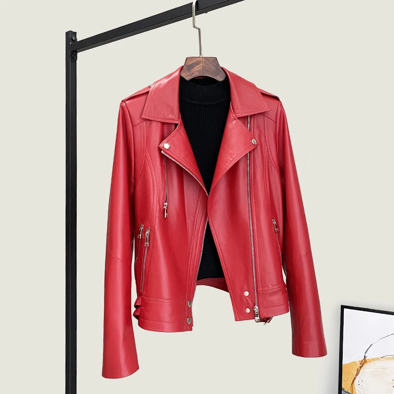 Autunm 2021 Genuine Leather Jacket Women 100% Real Sheepskin Coat Female Biker Red Coats and Jackets Chaquetas De Mujer FCY1891