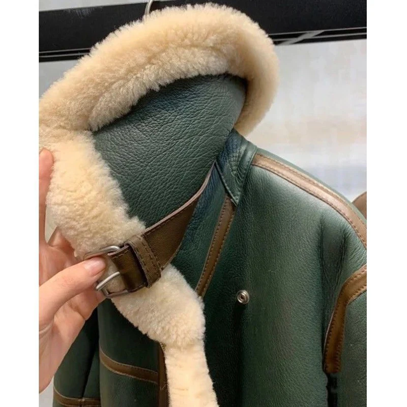 Ardm Casual Winter Thick Vintage Faux Leather Green Jacket Zipper Warm Splice Lambswool Biker Coat Women Female Crop Outerwear