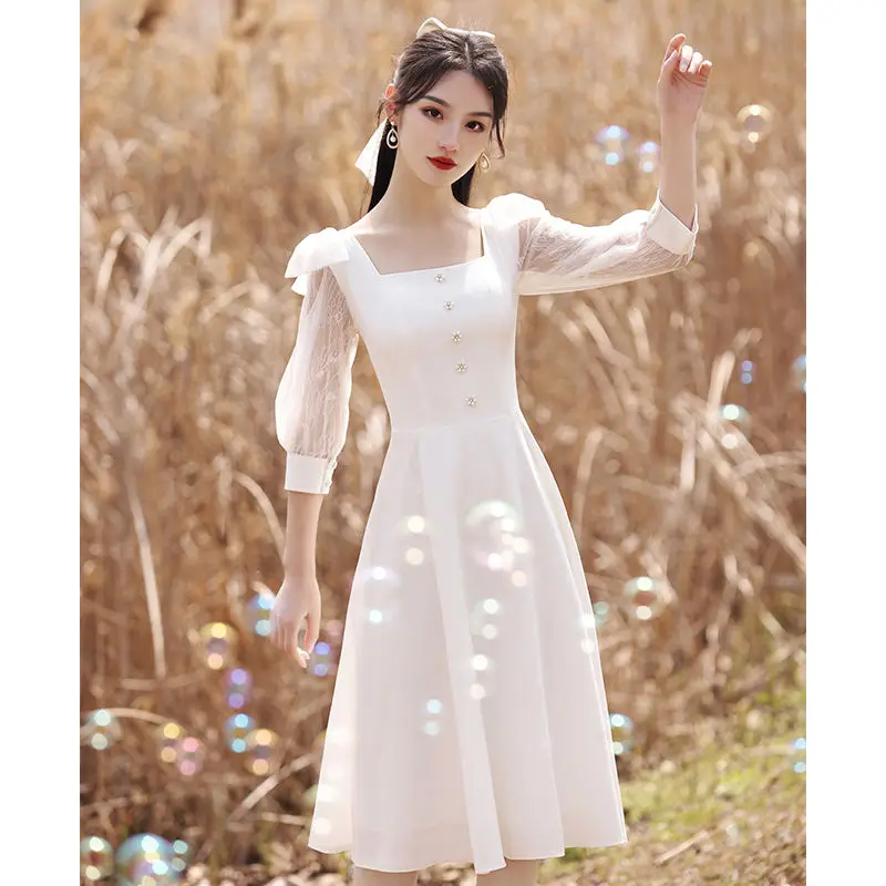 Elegant Lace Puff Sleeve Summer White Ladies Dresses Women Medium Length Sweet Office Clothes Square Collar A-Line Party Vestido