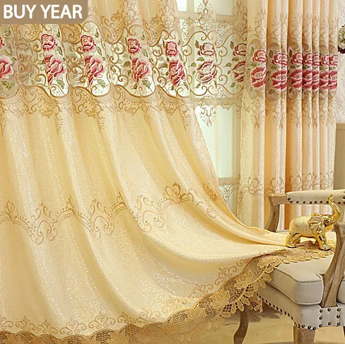 

European Style Curtains for Living Dining Room Bedroom Beige Peony Embroidery Not Hollow Curtains Tulle Finished Customization