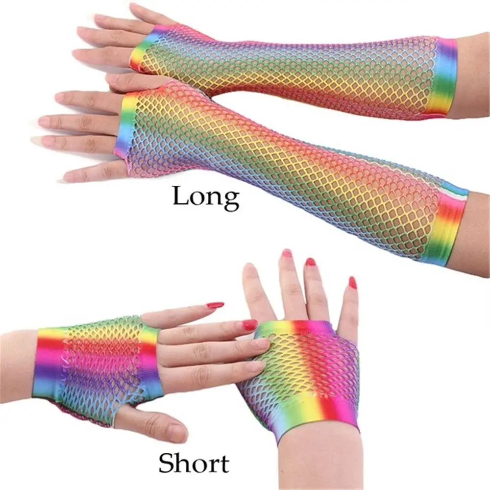 

Fashion Wedding Party Costume Performance Shiny Disco Dance Fingerless Mesh Net Rainbow Hollow Out Holes Gloves