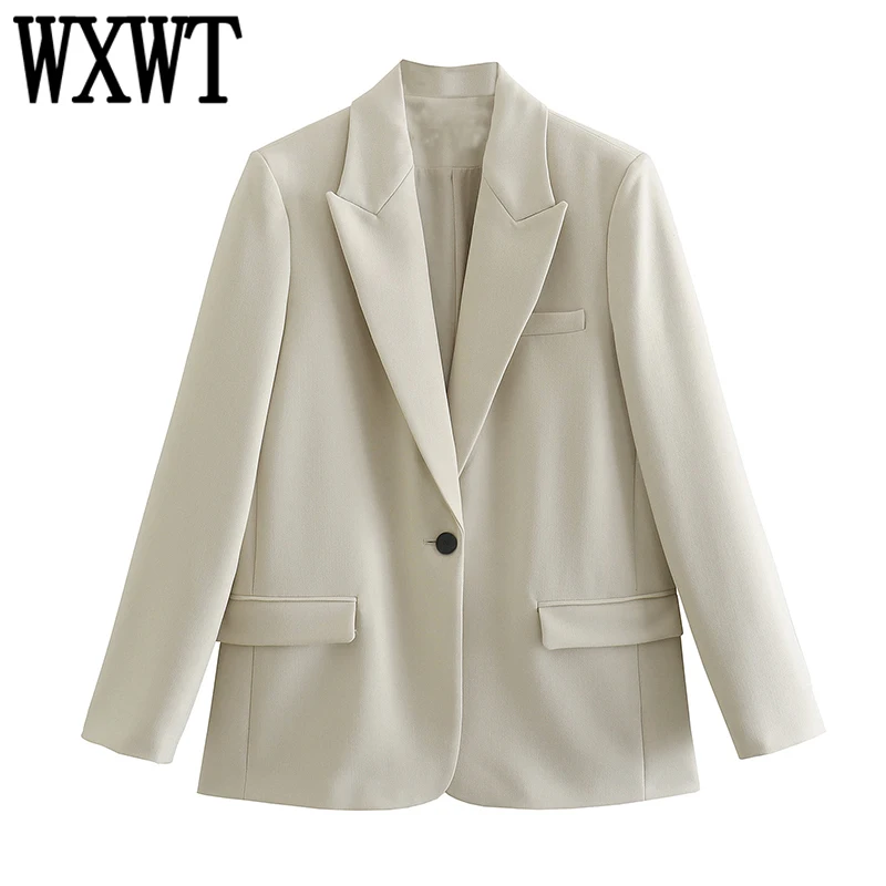 

WXWT Women Beige Single Button Blazer Suits Long Sleeve Pockets Outerwear Ladies High Street Tops CD8412