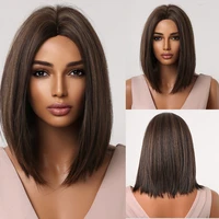 straight mixed dark golden brown synthetic wigs for black women shoulder long bob wig heat resistant afro cosplay daily hair