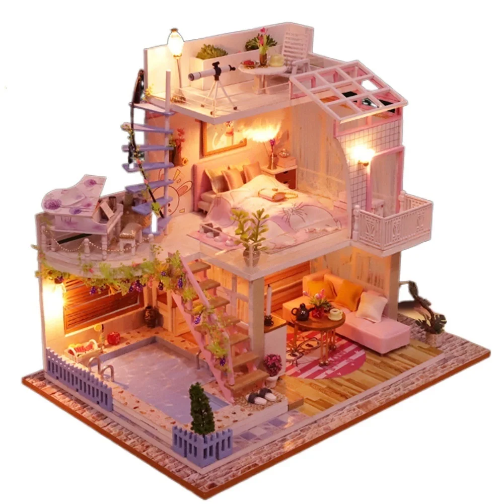 

HS DIY Кукольный дом, миниатюрный комплект, модель мебели, строительные игрушки для детей, рождественский подарок, 3D деревянный дом, миниатюры,...