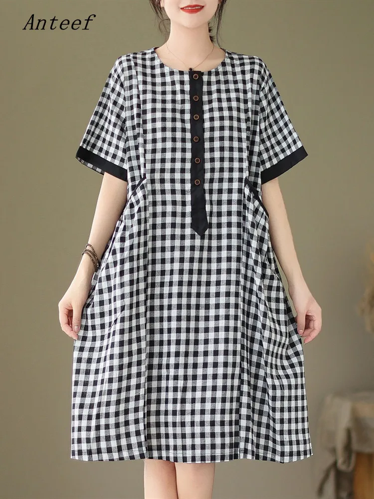 

Женское винтажное платье в клетку, повседневное свободное платье средней длины с коротким рукавом, 2023