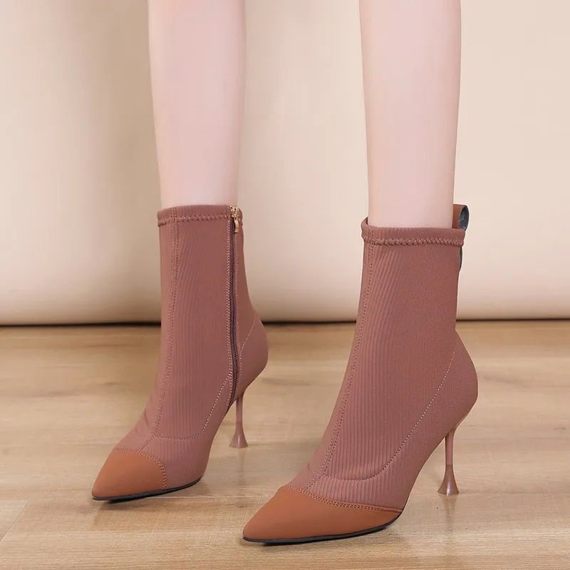 

Женские эластичные сапоги на высоком каблуке, с острым носком, на молнии, весна-осень 2022