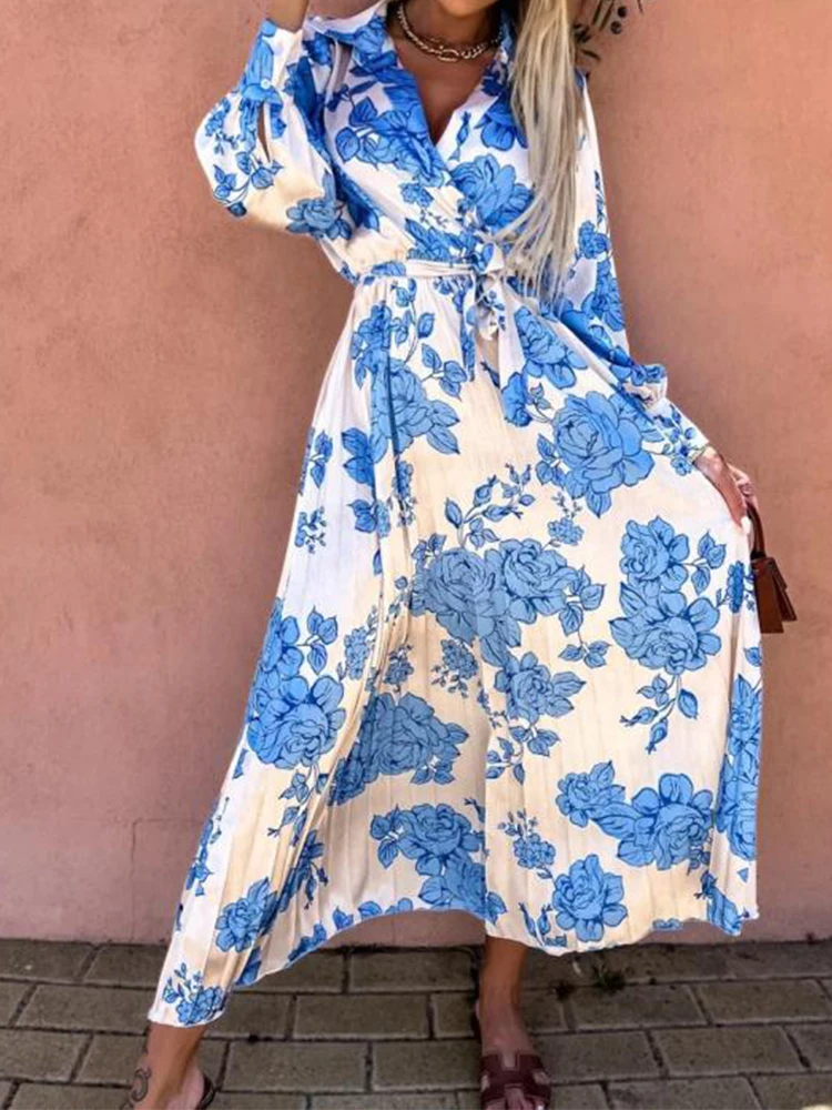 

Элегантное свободное плиссированное платье-трапеция с V-образным вырезом и завязкой, женское весеннее Платье Бохо с длинным рукавом и принт...