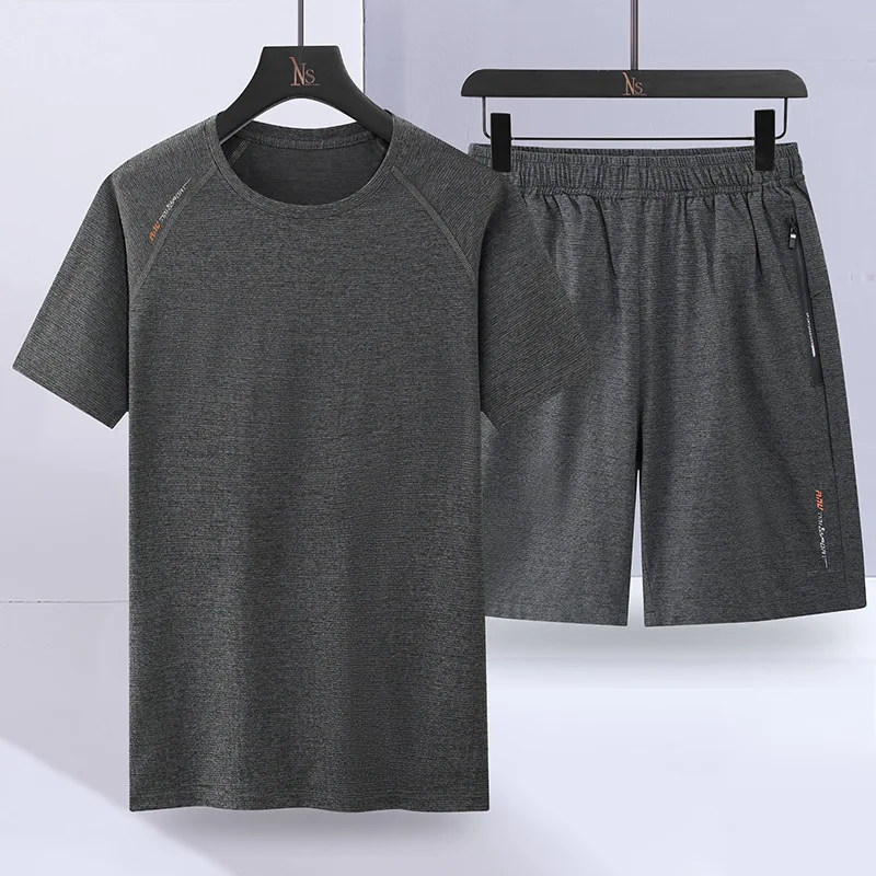 2023 Summer New Men's Short-Sleeved Suit Ice Silk Short Sleeve T-shirt Men's Shorts Casual Quick Drying Clothes Two-Piece Suit