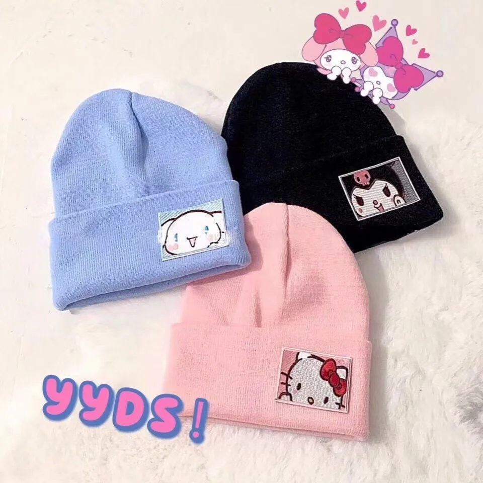 

Hello Kitty Knitted Cap for Women Sanrio Wool Hat Cute Hats Kuromi Caps Keep Warm Autumn and Winter Windproof Christmas Gift Hot