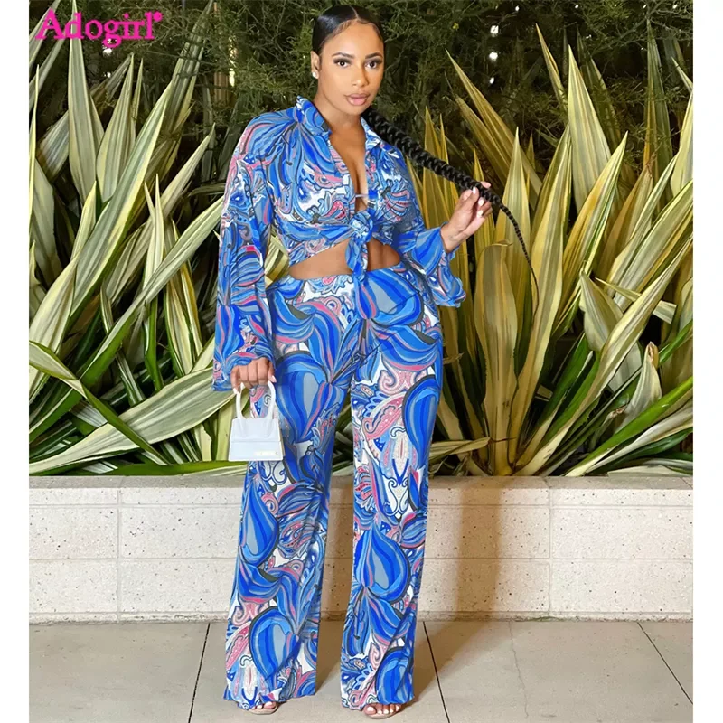 

Adogirl Fashion Print Sheer Mesh 3 Piece Sets Women Outfits Long Sleeve Shirt + Bra Top + Wide Leg Pants Holiday Casual Suit