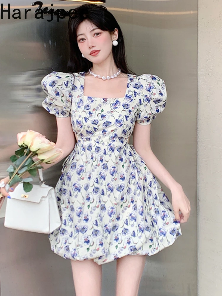 

Женское ажурное платье с принтом Harajpee, милое корейское шикарное летнее платье-трапеция с квадратным вырезом, узкой талией и пышными рукавам...