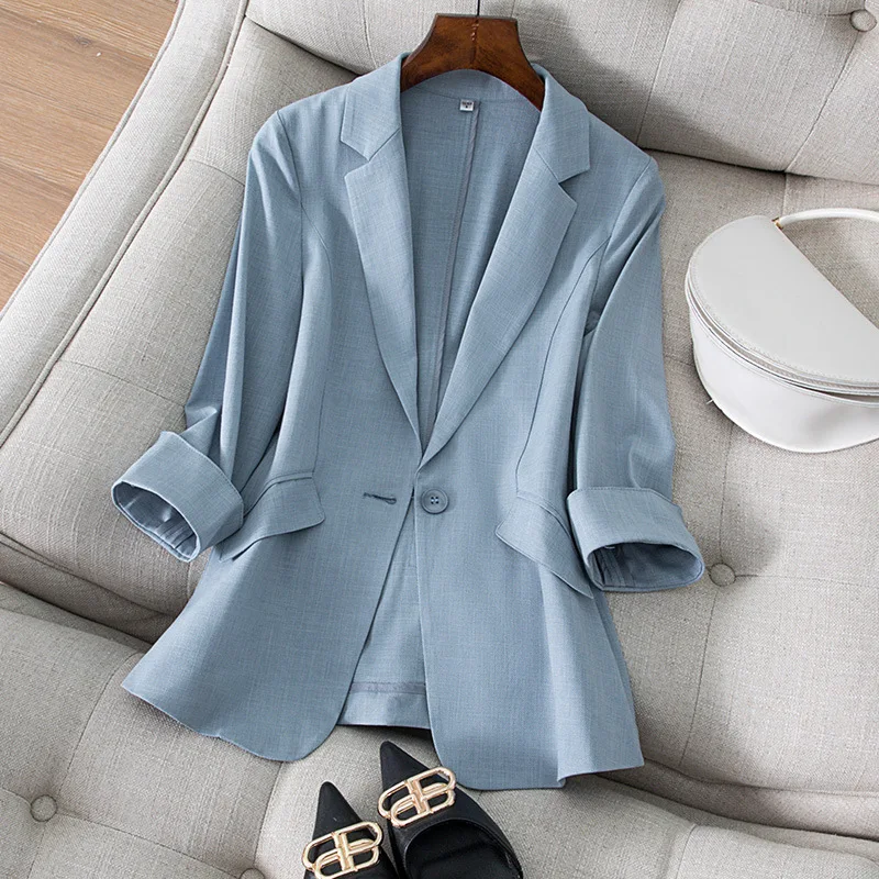 

Spring And Summer New Small Suit Jacket Women's Linen Solid Color Three-Quarter Sleeve Top Korean Style Temperament Thin Top