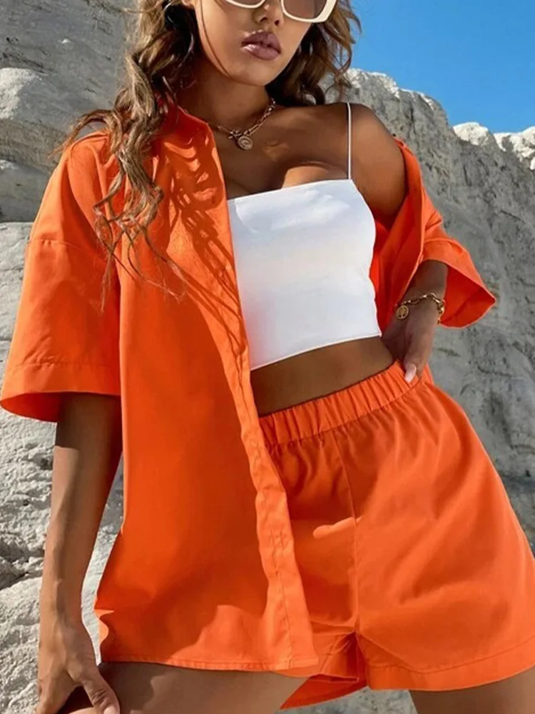 

Women Casual Tracksuit Shorts 2Piece Set Short Sleeve Single-breasted Top + Broad-legged Shorts Suits 2022 Summer Female Outfits