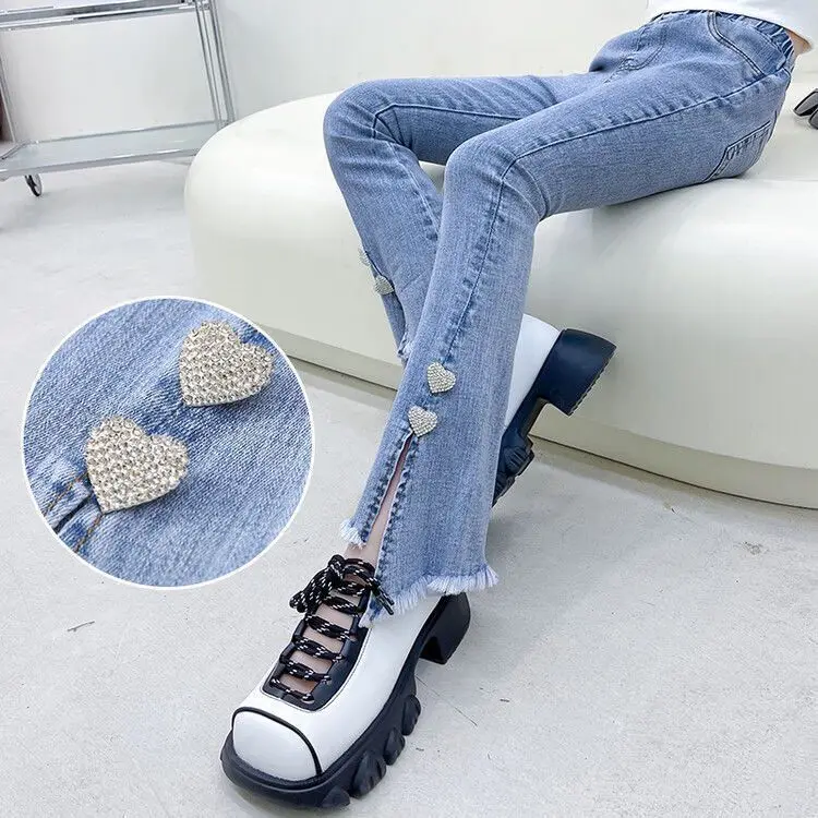 

2022 Spring Autumn Kids Clothes Loose Flared Jeans Solid Long Pants Children Girls Elegant Casual High Waist Denim Trousers Z38