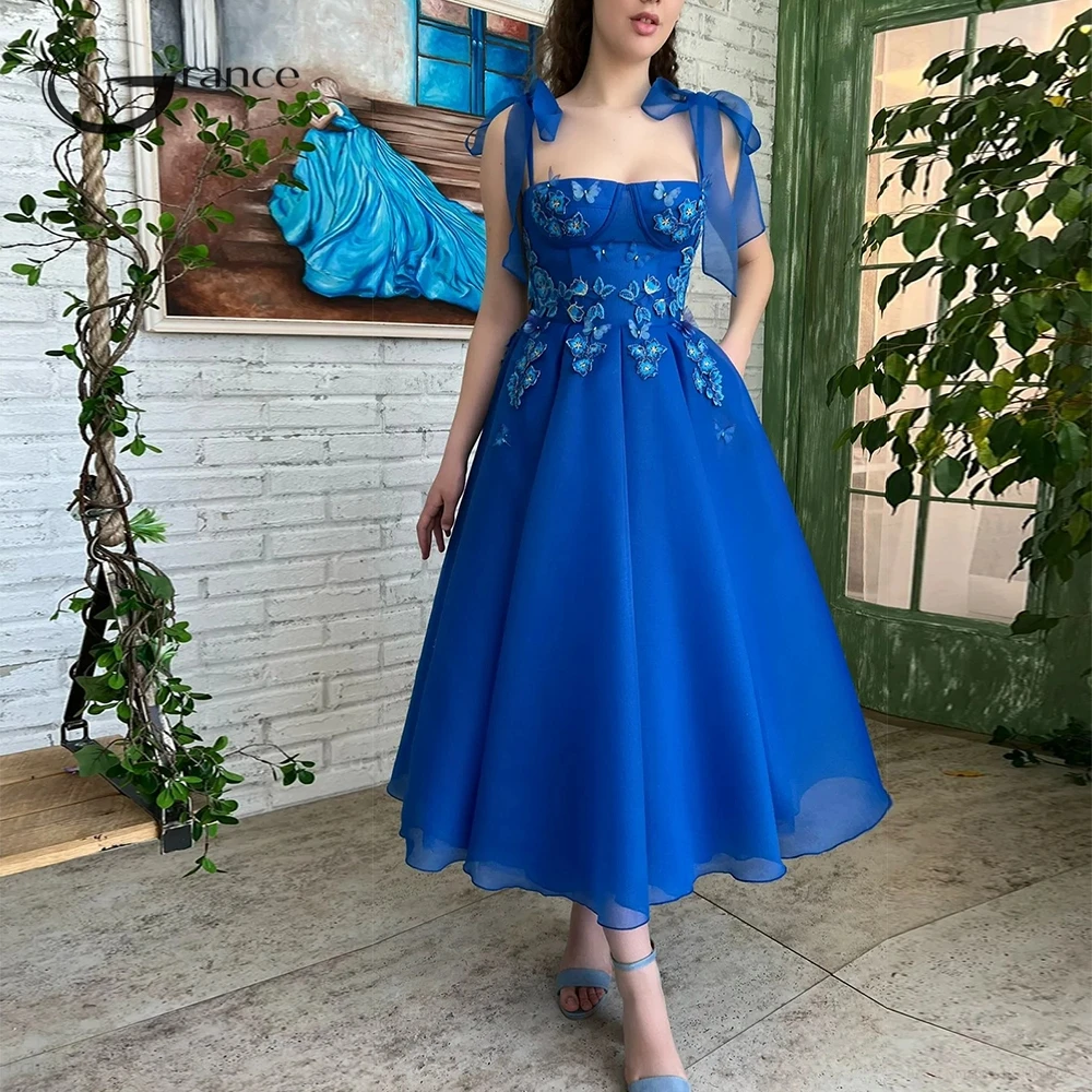

Royal Blue Strapless Spaghetti Strap Evening Dresses for Ladies 2023 Summer Chiffon Prom Gowns Applique Robe De Soirée Robe De