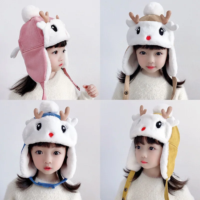 

Cute Deer Elk Antlers Baby Hat with Earflap Plush Lining Infant Toddler Winter Boys Girls Warmer Beanie Bonnet Christmas Hats