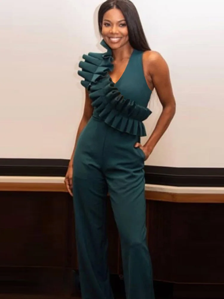 

Women Sexy Sleeveless Jumpsuits Willon Green Ruffles Deep V Neck Big Size Wide Leg Overalls Slim Fashion Party Celebrate Dress