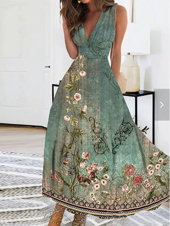 

2023 Women's Summer Sexy Deep V-Neck High Waist Sleeveless Printed Tank Dress Fashionable Bohemian Big Swing A-Line Dress Femme