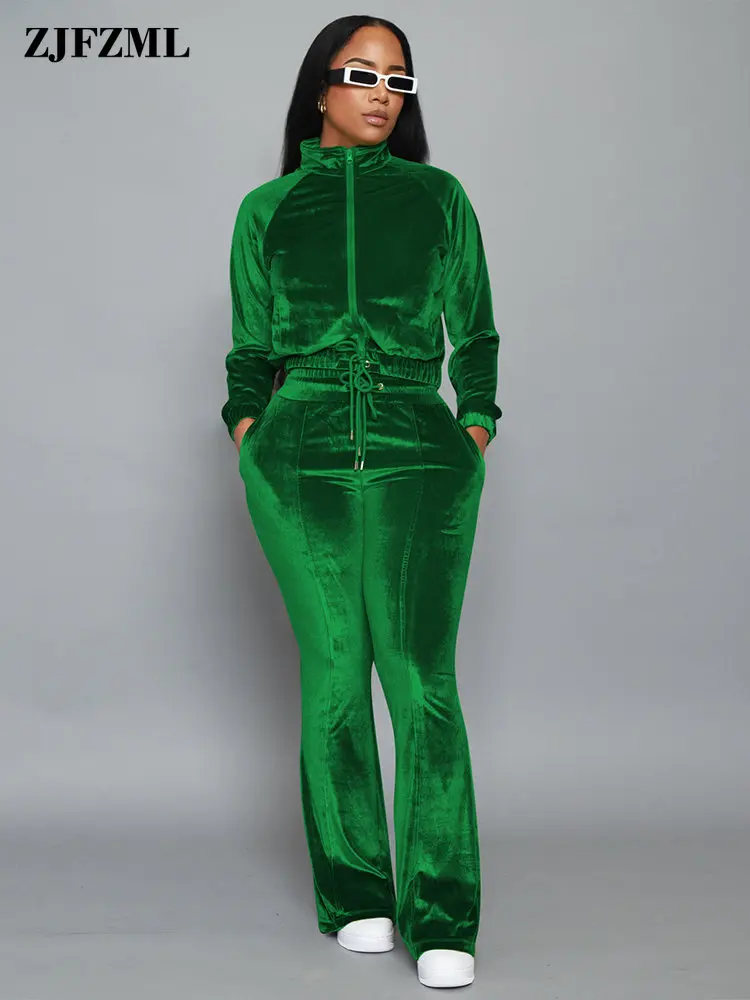 

Classic Casual Velvet Two Piece Tracksuits Vintage Stand Collar Full Sleeve Coat + High Waist Flare Trousers Fall Winter Outfits
