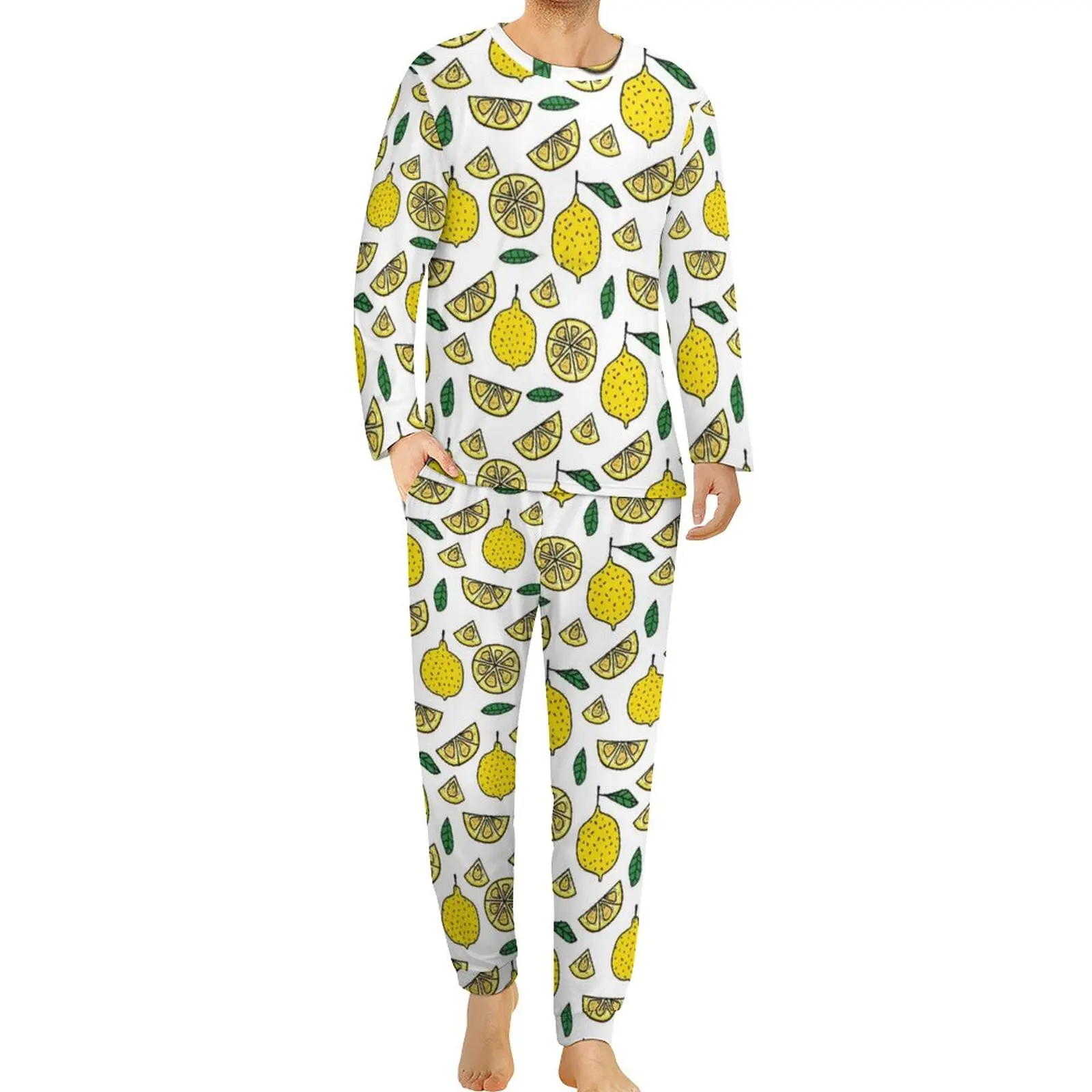 

Лимонная Пижама, зимняя пижама из 2 предметов, модные пижамные комплекты с фруктовыми листьями, Мужская пижама с длинным рукавом и эстетичным дизайном, одежда для сна большого размера