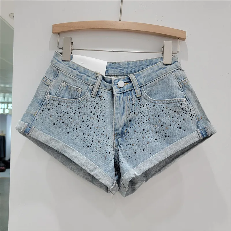 Sweet Pink Rhinestone Denim Shorts for Women Trendy 2023 New Summer High Waist Slimming Flanging Wide Leg Short Jeans Hot Pants