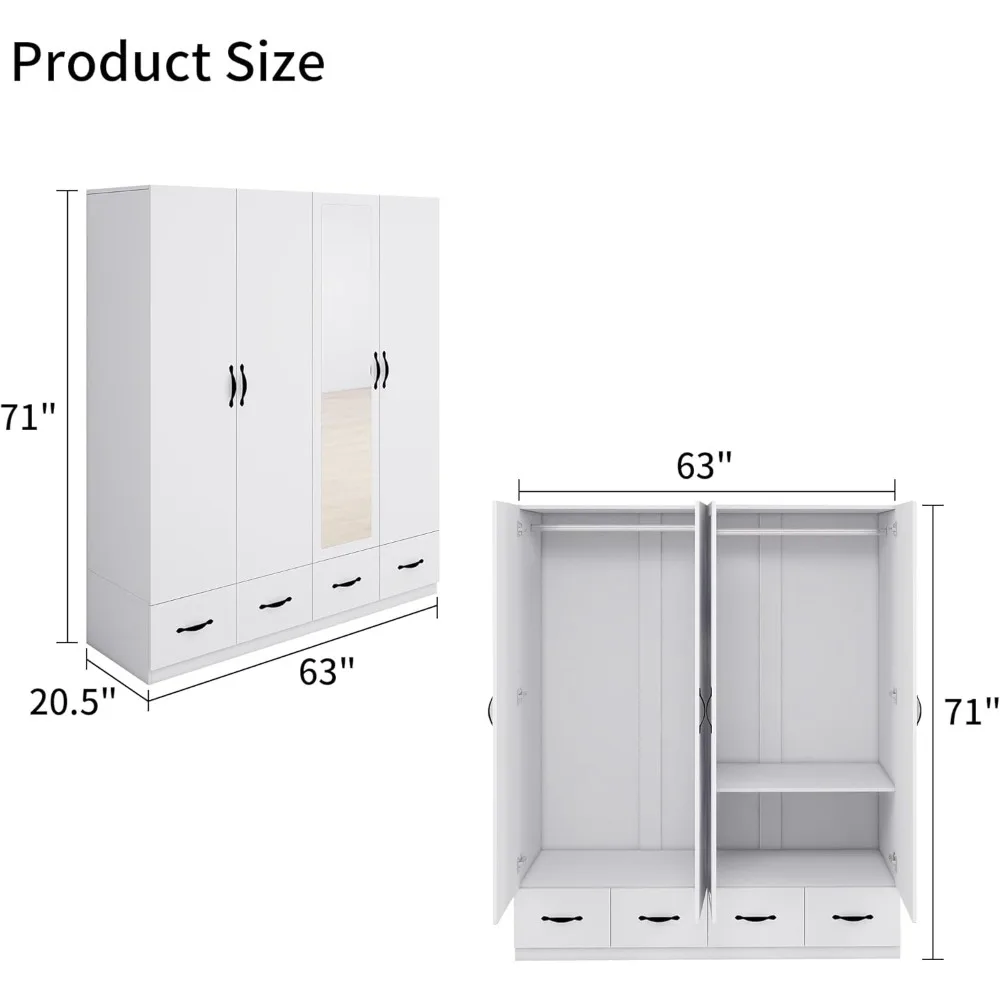 Высота 71 дюймов зеркало белое четыре двери отдельно стоящие шкафы шкаф с