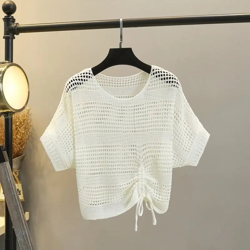 

Sexy Women Short Sleeve Pullovers Hollow Out Drawstring Sweater for Girls Female Pull on Crop Knitwear Knitted Crochet Blouses