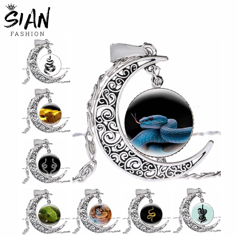 

Animal Snake Moon Crescent Necklace for Women Men Art Pattern Pendant Necklace Chains Glass Cabochon Fashion Jewelry Wholesale