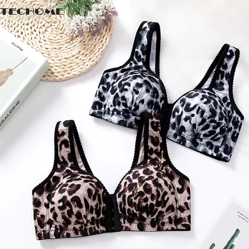 

women Large Size Bralette Leopard Print Bra Thin Front Buckle Wire Free Comfortable and Sexy Gathering Lingerie