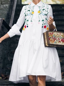 Elegant Shirt Dress For Women ZANZEA Embroidered A Line Robe 2022 Spring Long Sleeve Ruffle Vestidos Casual Party Solid Dresses