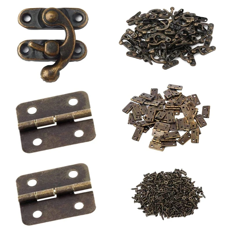 

BEAU-Small Box Hinges Bronze Antique Right Latch Hook Hasp With Hinges And Screws For Wood Jewelry Box Gift Catch Lock Hook