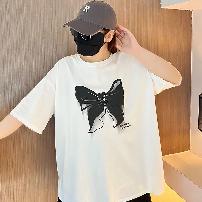 Summer Clothes for Women Plus Size Korean Butterfly Print Design Short Sleeve T-Shirt Black White Loose Round Neck Pullover Tops